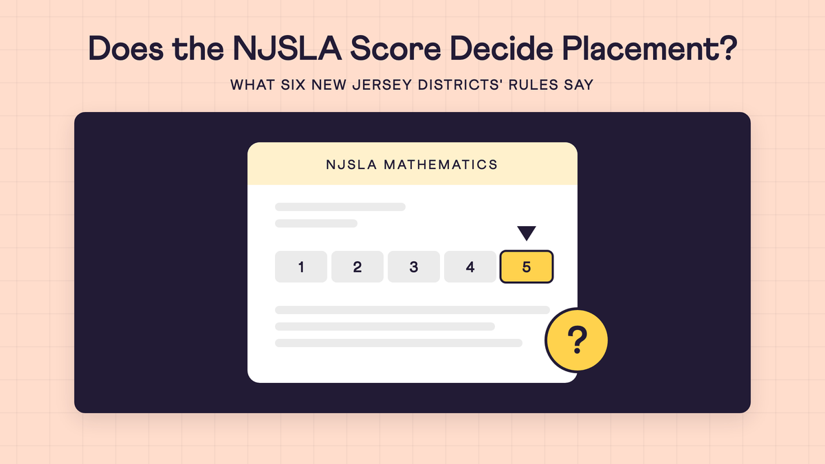 Cover: the question 'Does the NJSLA Score Decide Placement?' above an illustration of an NJSLA mathematics report with level 5 of 5 highlighted and a question mark.
