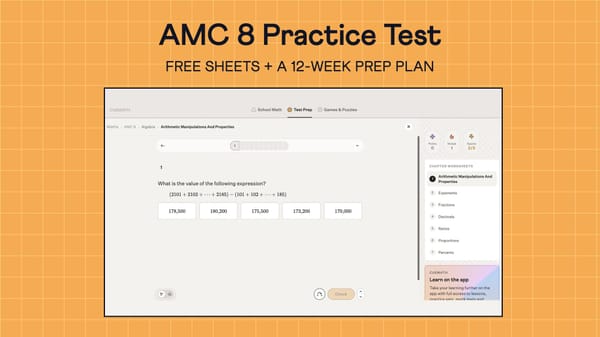 AMC 8 Practice Test banner showing a Cuemath app AMC 8 practice question