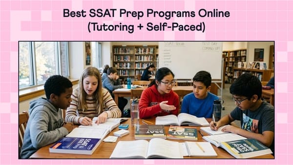 Middle school students studying together with SSAT practice books at a library table